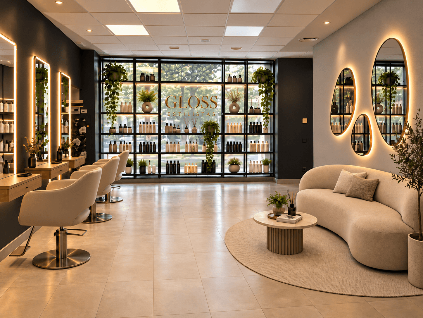 Interior de GLOSS Estilistas: tocadores, espejos y zona de espera