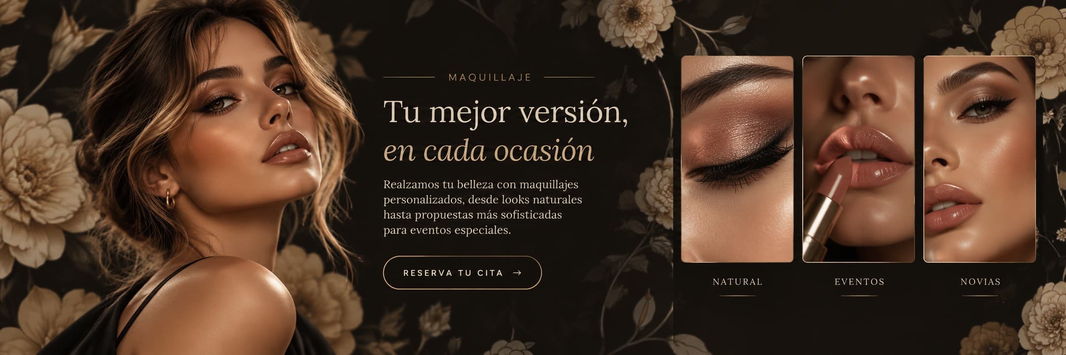 GLOSS maquillaje: modelo a la izquierda, texto central y tarjetas de Natural, Eventos y Novias a la derecha sobre fondo floral oscuro.